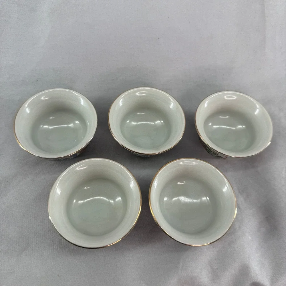 Japanese Tea/Sake Cups Set of 5 Floral Geometric Porcelain Hand Painted Gold